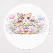 かわいい＋フォロワー募集中＋猫＋パステルピンク＋ソーシャルメディア ラベル (デザイン1)