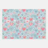 かわいい フォーク フラワー ハート ダスティーブルー ピンク ベビーシャワー ラッピングペーパーシート (正面2)