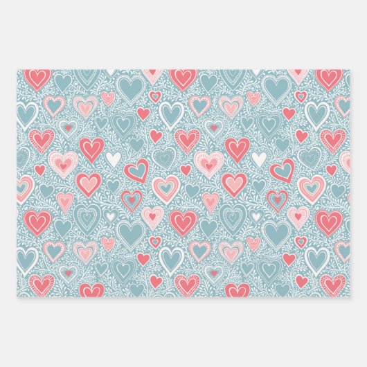 かわいい フォーク フラワー ハート ダスティーブルー ピンク ベビーシャワー ラッピングペーパーシート (正面2)