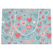 かわいい フォーク フラワー ハート ダスティーブルー ピンク ベビーシャワー ラージペーパーバッグ (正面)