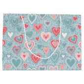 かわいい フォーク フラワー ハート ダスティーブルー ピンク ベビーシャワー ラージペーパーバッグ (裏面)