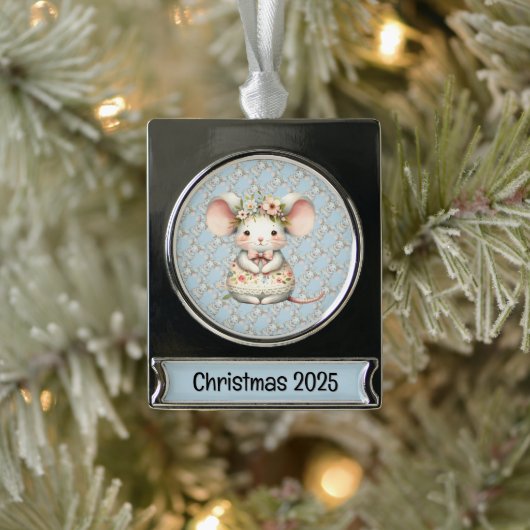 かわいい フラワー マウス ドレス 花冠 シルバープレートバナーオーナメント (ツリー)