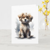 かわいい フワフワ 笑顔の子犬 ブランク グリーティング カード (黄色い花)