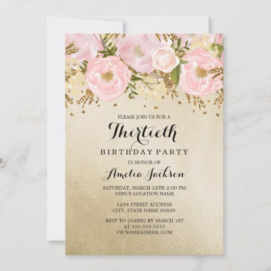 かわいい ブッシュ ゴールド ピンク 花 30歳の誕生日 招待状 (正面)