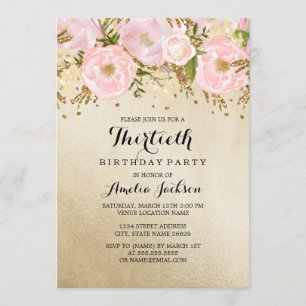 かわいい ブッシュ ゴールド ピンク 花 30歳の誕生日 招待状