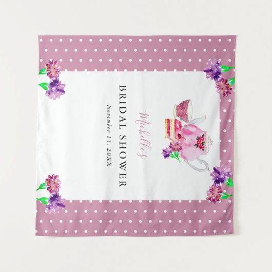 かわいい ブライダルシャワー ティーパーティー ピンクの背景 タペストリー (正面(横))