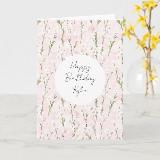 かわいい ブラッシュピンクの花の誕生日 カード (黄色い花)