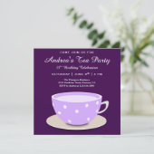 かわいい プリティー ティー カップ | パープル 誕生日 ティーパーティー 招待状 (スタンド正面)