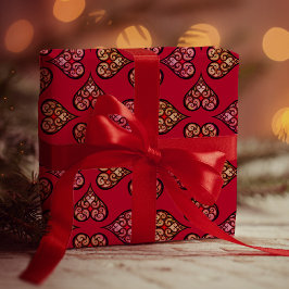 かわいい&ボーエレガントーハート赤いヴィンテージパターン ラッピングペーパー