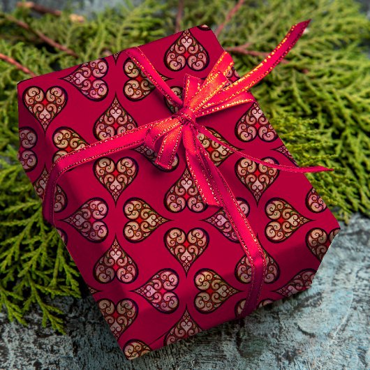 かわいい&ボーエレガントーハート赤いヴィンテージパターン ラッピングペーパー