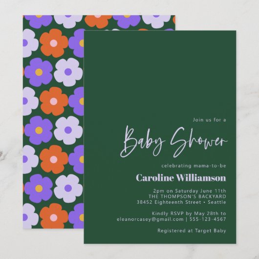 かわいい ボールド レトロ フラワー パープル グリーン ベビーシャワー 招待状 (正面/裏面)