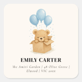 かわいい ミニマリスト 青い風船 クマ 男の子 赤ちゃんのお祝い スクエアシール