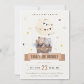 かわいい ミューテッド テディ 気球 フォト 誕生日 招待状 (正面)