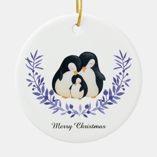 かわいい メリークリスマス ペンギンの家族 セラミックオーナメント (正面)