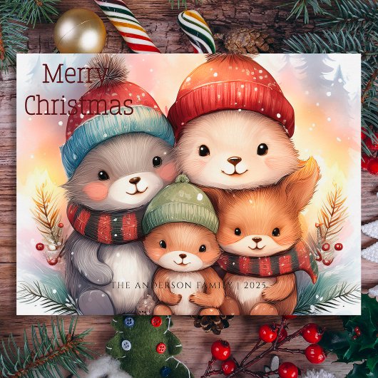かわいい メリークリスマス 森の動物の家族 シーズンポストカード