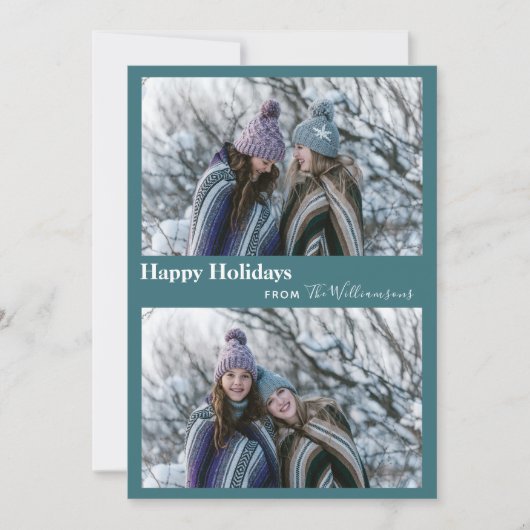 かわいい モダン ティールグリーン 2枚の写真 タイポグラフィー 幸せ シーズンカード (正面)