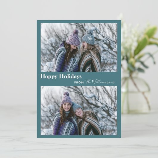 かわいい モダン ティールグリーン 2枚の写真 タイポグラフィー 幸せ シーズンカード (スタンド正面)