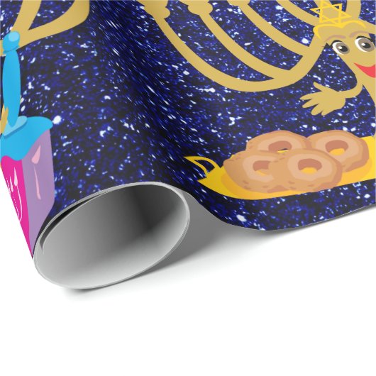 かわいい（ユダヤ教）メノラー及びDreidelsの青くフェイクなグリッターハヌカー ラッピングペーパー (ロールコーナー)