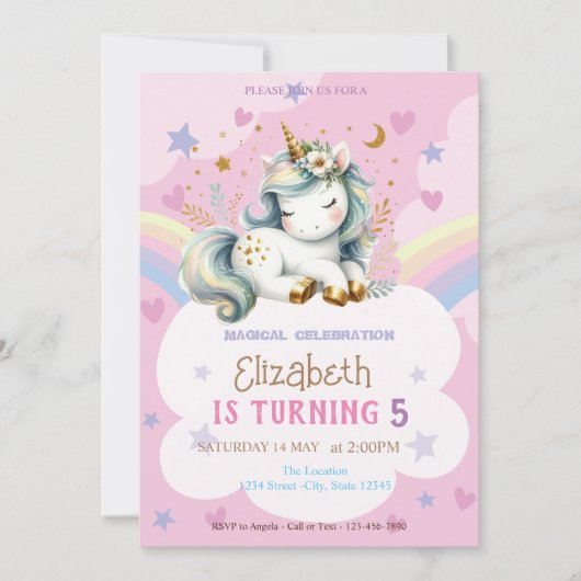 かわいい ユニコーン 虹 星 ハート 誕生日 招待状 (正面)