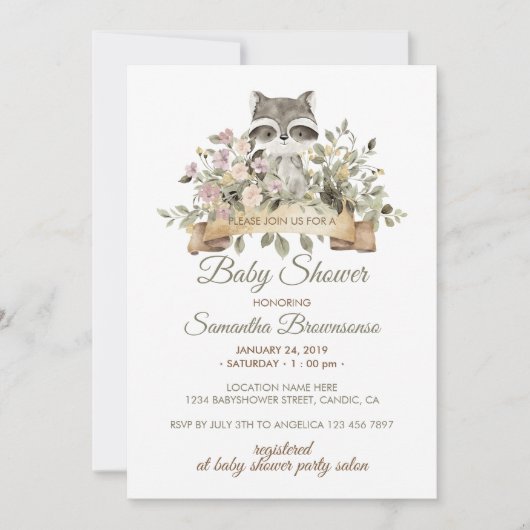 かわいい ラクーン ボタニカル リボン ベビーシャワー 招待状 (正面)