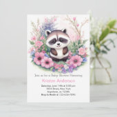 かわいい ラクーン 水彩 ピンク 女の子 ベビーシャワー 招待状 (スタンド正面)