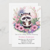 かわいい ラクーン 水彩 ピンク 女の子 ベビーシャワー 招待状 (正面/裏面)