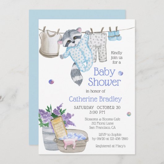 かわいい ラクーン 洗濯デー 水彩 ベビーシャワー 招待状 (正面/裏面)