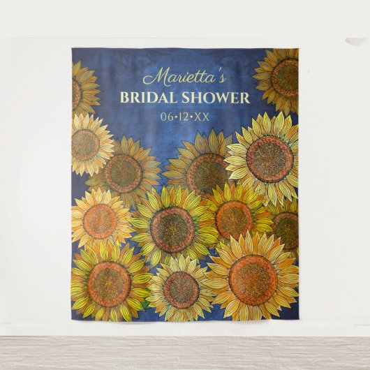 かわいい ラスティック ボヘミアンスタイルのひまわり ネイビーブルー ブライダルシャワー タペストリー (正面)