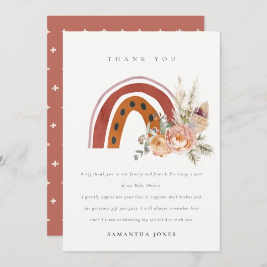 かわいい ラスト ボヘミア オレンジ 花 レインボー ベビーシャワー サンキューカード (正面/裏面)