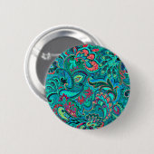 かわいい レトロ ターコイズ フラワー 缶バッジ (正面&裏面)