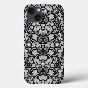 かわいい レトロ 黒 白 ペイズリー 模様 iPhone 13ケース