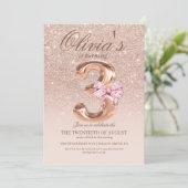 かわいい ローズゴールド 現代のプリンセス 3歳 誕生日パーティー 招待状 (スタンド正面)