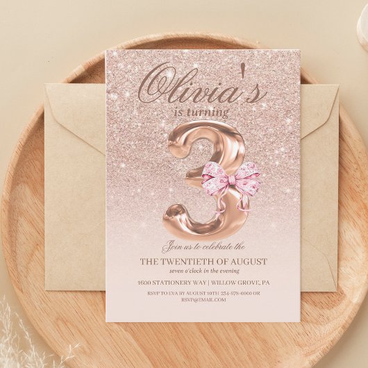 かわいい ローズゴールド 現代のプリンセス 3歳 誕生日パーティー 招待状