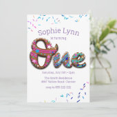 かわいい「ワン」クッキー スプリンクル キッズの1歳誕生日 招待状 (スタンド正面)