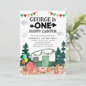 かわいい ワン ハッピー キャンパー ウッズ キャンピング 1歳の誕生日 招待状 (スタンド正面)