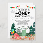 かわいい ワン ハッピー キャンパー ウッズ キャンピング 1歳の誕生日 招待状 (正面/裏面)