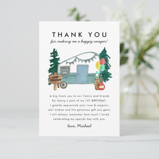 かわいい ワン ハッピー キャンパー ツリー キャンピング 1歳 誕生日 サンキューカード (スタンド正面)
