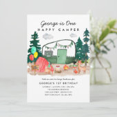 かわいい ワン ハッピー キャンパー フォレスト キャンピング 1歳の誕生日 招待状 (スタンド正面)
