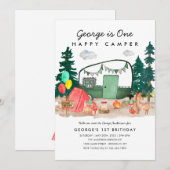 かわいい ワン ハッピー キャンパー フォレスト キャンピング 1歳の誕生日 招待状 (正面/裏面)