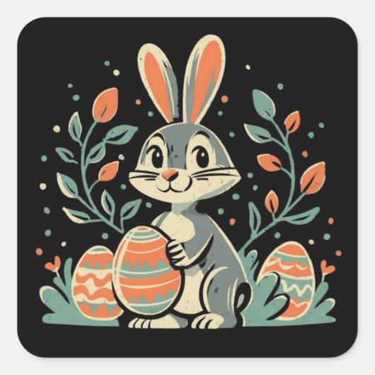 かわいい ヴィンテージ イースター ウサギの卵 四角いステッカー スクエアシール (正面)