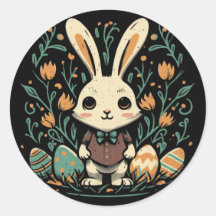 かわいい ヴィンテージ イースター ウサギ 花 ラウンド ステッカー