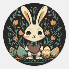 かわいい ヴィンテージ イースター ウサギ 花 ラウンド ステッカー