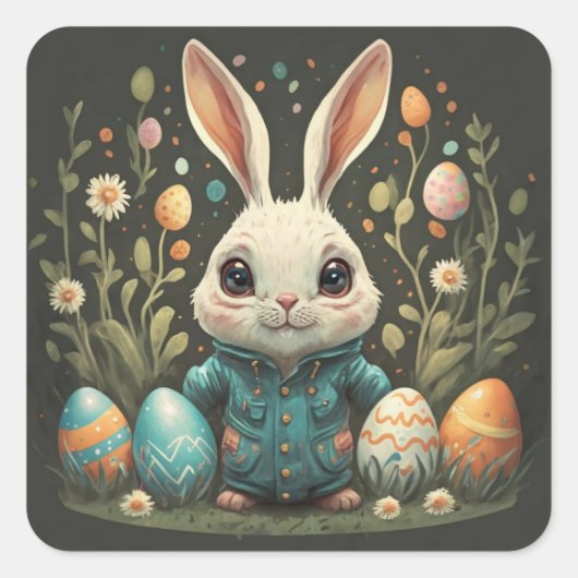 かわいい ヴィンテージ イースター ウサギ 花 卵 ステッカー (正面)