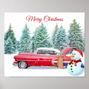 かわいい,ヴィンテージ,赤い車,雪だるま,クリスマス ポスター