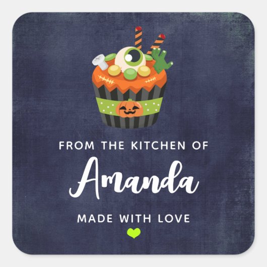 かわいい&不気味なハロウィーンカップケーキキッチン スクエアシール (正面)