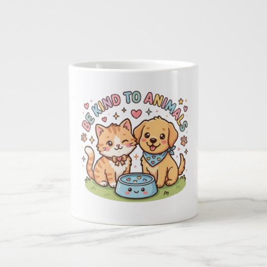 かわいい+動物に優しく+猫+ステッカー ジャンボコーヒーマグカップ (正面)