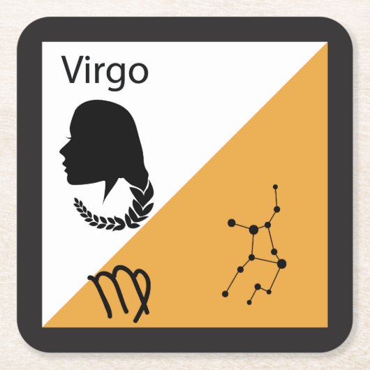 かわいい〔占星術の〕十二宮図シンボル、サイン&スターのレイアウト – 《星座》乙女座 スクエアペーパーコースター (正面)