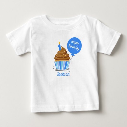 かわいい 名前入り 1歳 誕生日 Tシャツ カップケーキ 青 (正面)