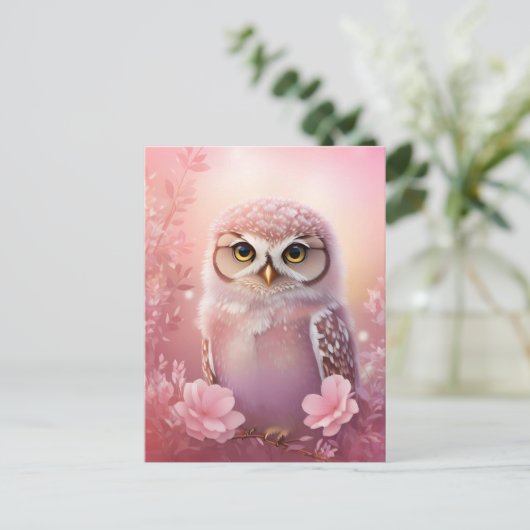 かわいい 夢のような ピンクの フラミンゴフクロウ ポストカード (スタンド正面)