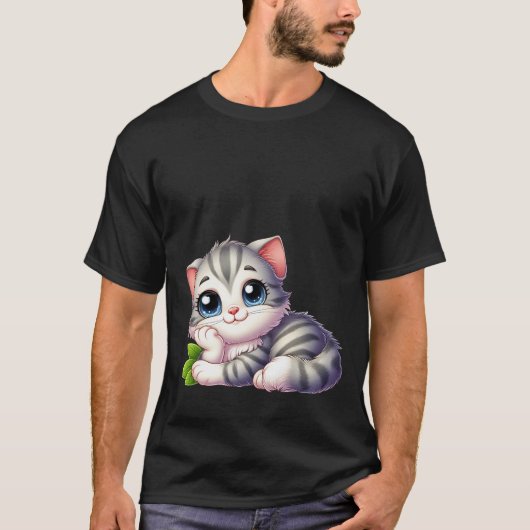 かわいい 夢みる グレー 子猫 ブルー アイズ 猫 Tシャツ (正面)
